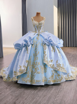 Blue Ball Gown Tulle Sequins Appliques Prom Dress