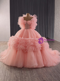Pink Ball Gown Strapless Tulle Beading Prom Dress