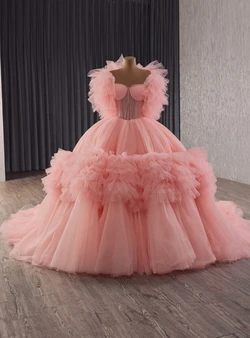 Pink Ball Gown Strapless Tulle Beading Prom Dress