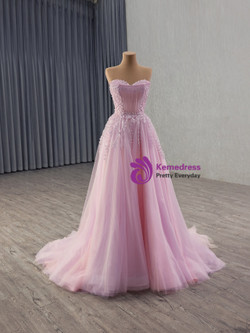Pink Tulle Strapless Appliques Beading Prom Dress