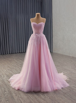 Pink Tulle Strapless Appliques Beading Prom Dress