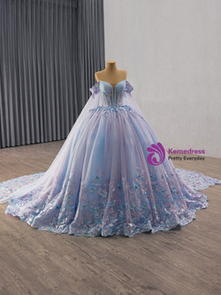 Blue Tulle Butterfly Appliques Pleats Prom Dress