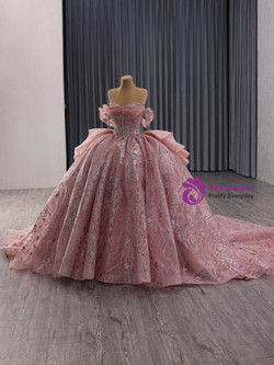 Pink Sequins Ball Gown Pearls Prom Dress
