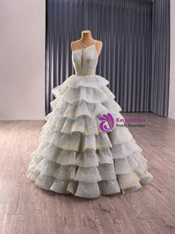 Blue Gray Tulle Tiers Spaghetti Straps Pleats Prom Dress
