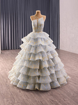 Blue Gray Tulle Tiers Spaghetti Straps Pleats Prom Dress