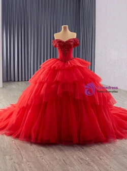 Red Tulle Ball Gown Tiers Sequins Prom Dress