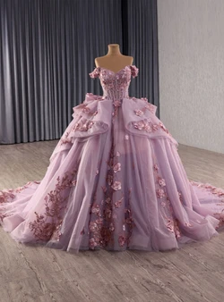 Pink Ball Gown Tulle Off the Shoulder 3D Flower Pearls Prom Dress