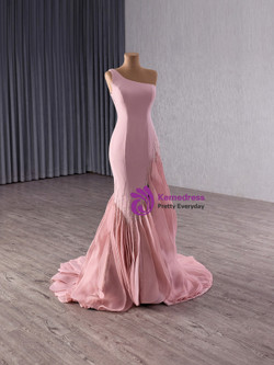 Pink Mermaid One Shoulder Split Prom Dress