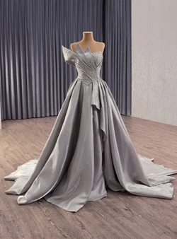 Gray Satin Pleats Beading Crystal Prom Dress