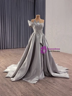 Gray Satin Pleats Beading Crystal Prom Dress