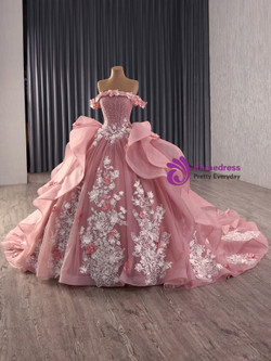 Pink Tulle 3D Appliques Beading Prom Dress