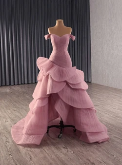 Pink Tulle Pleats Hi Lo Off the Shoulder Prom Dress