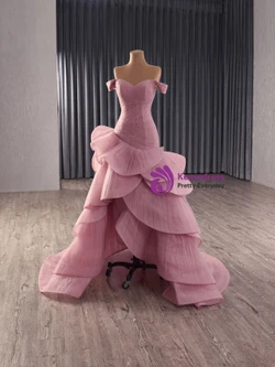 Pink Tulle Pleats Hi Lo Off the Shoulder Prom Dress