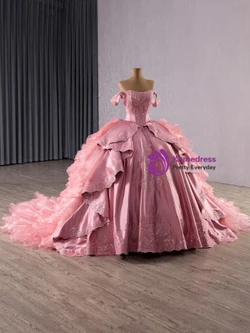 Pink Ball Gown Satin Organza Appliques Prom Dress