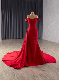Red Mermaid Satin Pleats Beading Prom Dress
