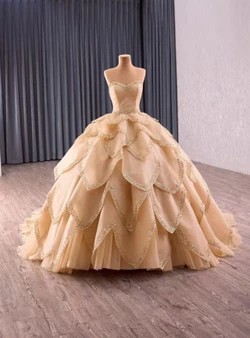 Champagne Tulle Beading Sequins Prom Dress