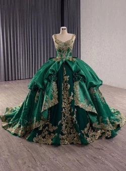 Green Ball Gown Tulle Straps Beading Sequins Prom Dress