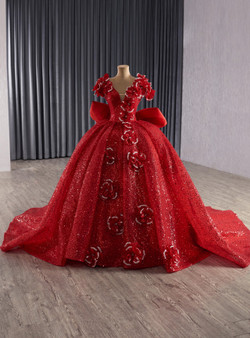 Red Ball Gown Sequins V-neck 3D Flower Prom Dress