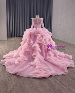 Pink Ball Gown Tulle Sequins Long Sleeve Prom Dress