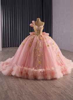 Pink Tulle One Shoulder Sequins Appliques Prom Dress