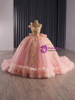 Pink Tulle One Shoulder Sequins Appliques Prom Dress