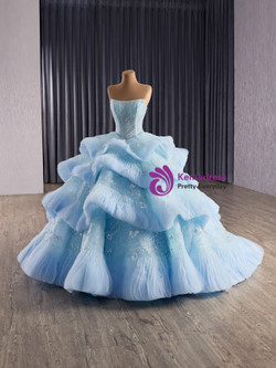 Sky Blue Strapless Tulle Sequins Beading Prom Dress