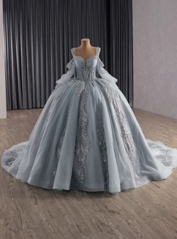Gray Tulle Straps Long Sleeve Appliques Pearls Prom Dress