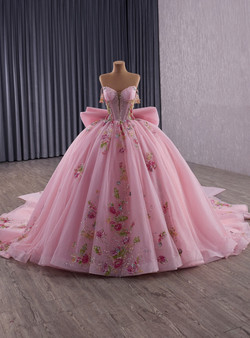 Pink Tulle Sequins Appliques Strapless Bow Prom Dress