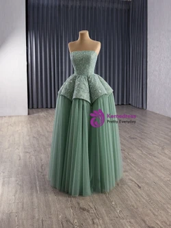 Green Tulle Lace Strapless Prom Dress