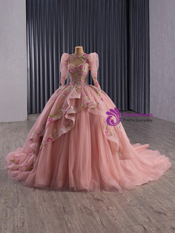 Pink Tulle Strapless Appliques Prom Dress With Jacket