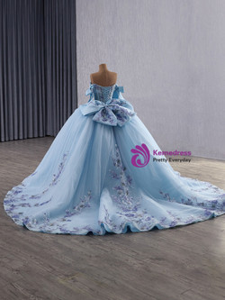 Light Blue Ball Gown Tulle Off the Shoulder Appliques Prom Dress