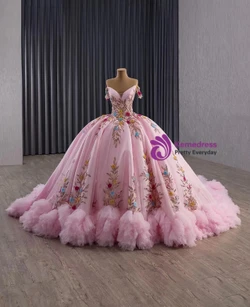 Pink Tulle Sequins Appliques Pleats Prom Dress