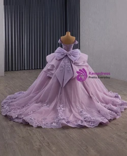 Purple Tulle 3D Appliques Bow Prom Dress