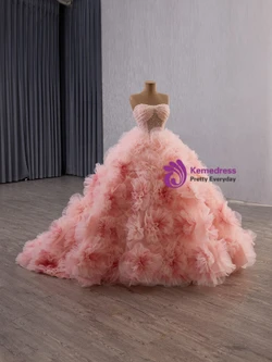 Pink Ball Gown Tulle 3D Flower Sequins Beading Prom Dress