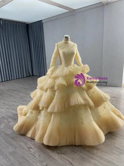 Gold Tulle Sequins Long Sleeve Pleats Tiers Prom Dress