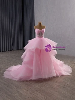 Pink Tulle Pleats Strapless Beading Prom Dress