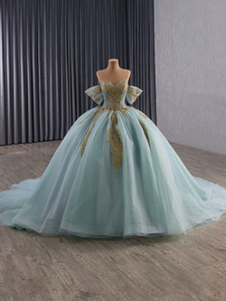 Blue Tulle Strapless Appliques Bow Prom Dress