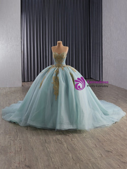 Blue Tulle Strapless Appliques Bow Prom Dress