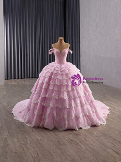 Pink Tulle Sequins Tiers Pearls Prom Dress