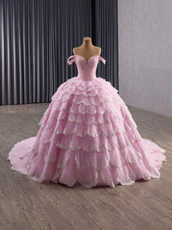 Pink Tulle Sequins Tiers Pearls Prom Dress