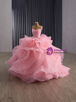 Pink Ball Gown Strapless Tulle Sequins Prom Dress