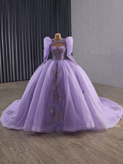 Purple Ball Gown Tulle Strapless Appliques Prom Dress