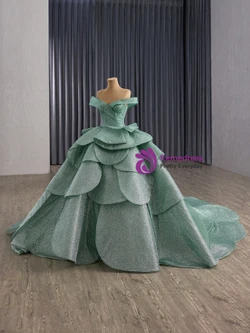Green Ball Gown Sequins Off the Shoulder Prom Dress