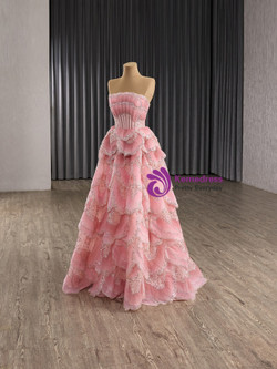 Pink Strapless Tulle Sequins Beading Tiers Prom Dress