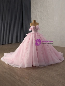 Pink Ball Gown Tulle Sequins 3D Appliques Prom Dress