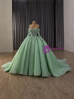 Green Tulle Sequins Beading Long Sleeve Prom Dress