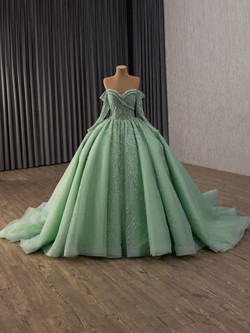 Green Tulle Sequins Beading Long Sleeve Prom Dress