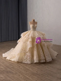 Vintage Champagne Tiers Tulle Sequins Prom Dress