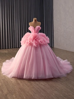 Fashion Pink Tulle Strapless Flower Prom Dress