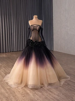 Gradient Black Tulle Long Sleeve Flower Prom Dress